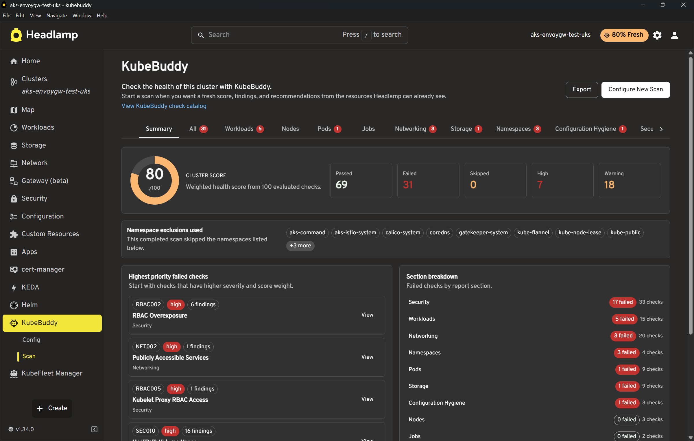 KubeBuddy Headlamp plugin scan summary